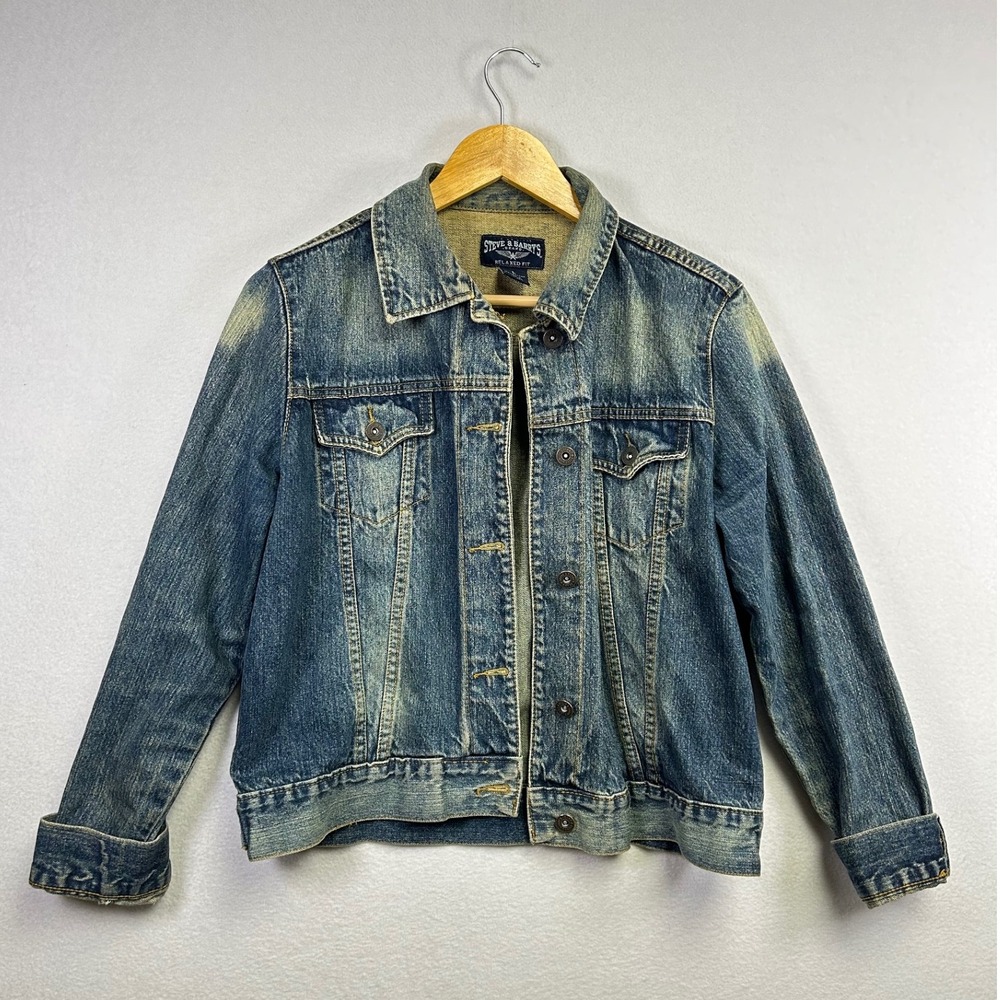 Steve Barrys Relaxed Fit Denim Jacket Blue Distressed Jean Trucker Style Women L